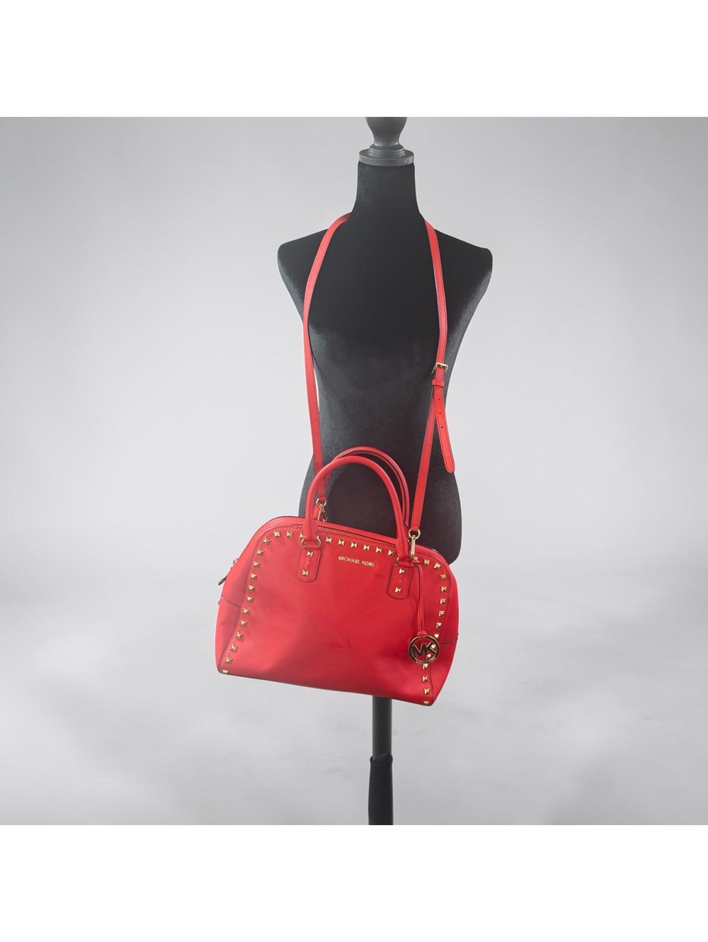Michael Kors Sandrine Red Saffiano Leather Studded Dome Satchel Crossbody Bag